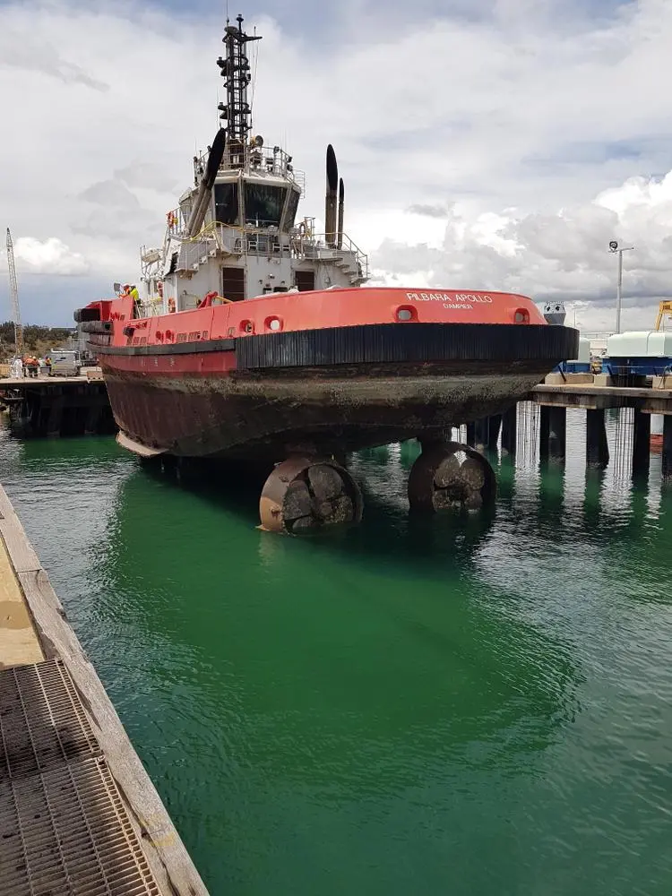 Here's a photo from the job that I was on today.
That tug boat is looking a little high and dry! Can any of you guess what's going on here? 0.1 of my creator coin goes to the first to guess correctly! 
