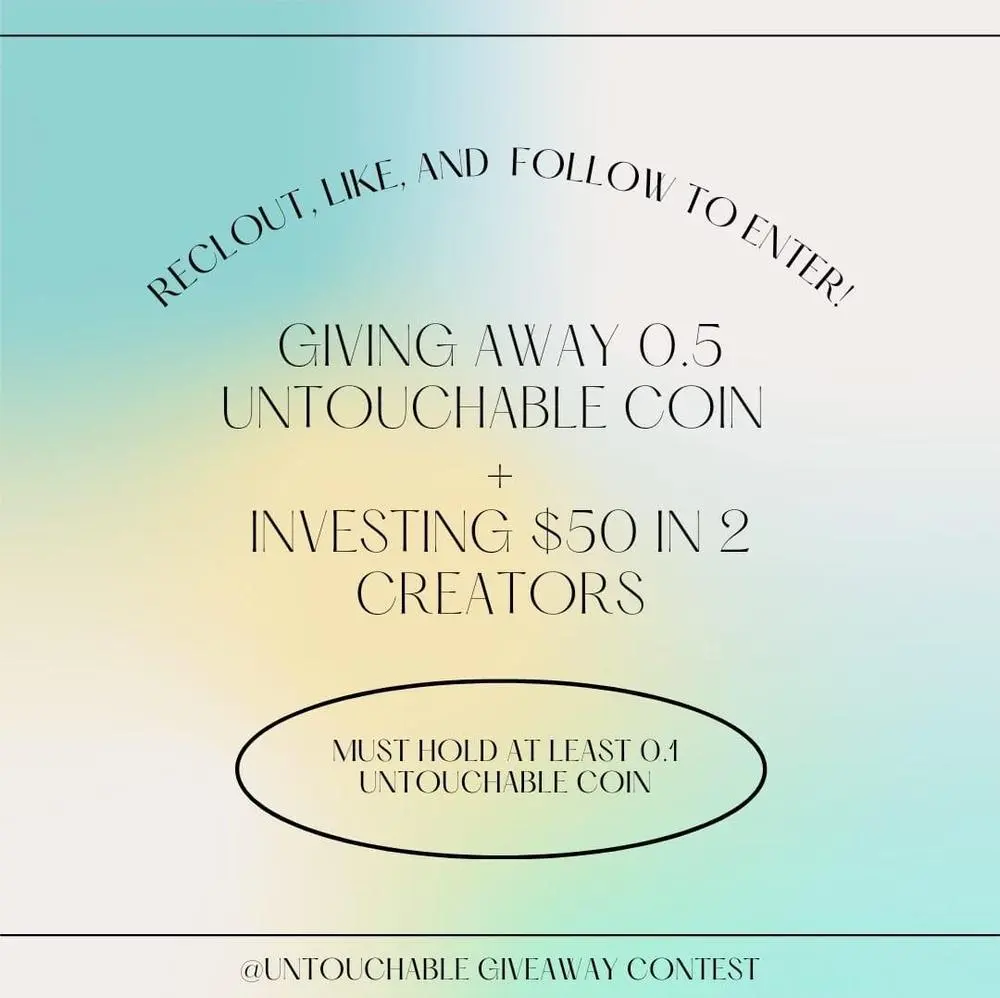 2000 Followers Giveaway!

When I reach 2000 followers I am giving away 0.5 @untouchable coin and also investing $50 into 2 people

Must hold 0.1 or more @Untouchable coin to enter

🔁 + 💬 = 💎💎💎