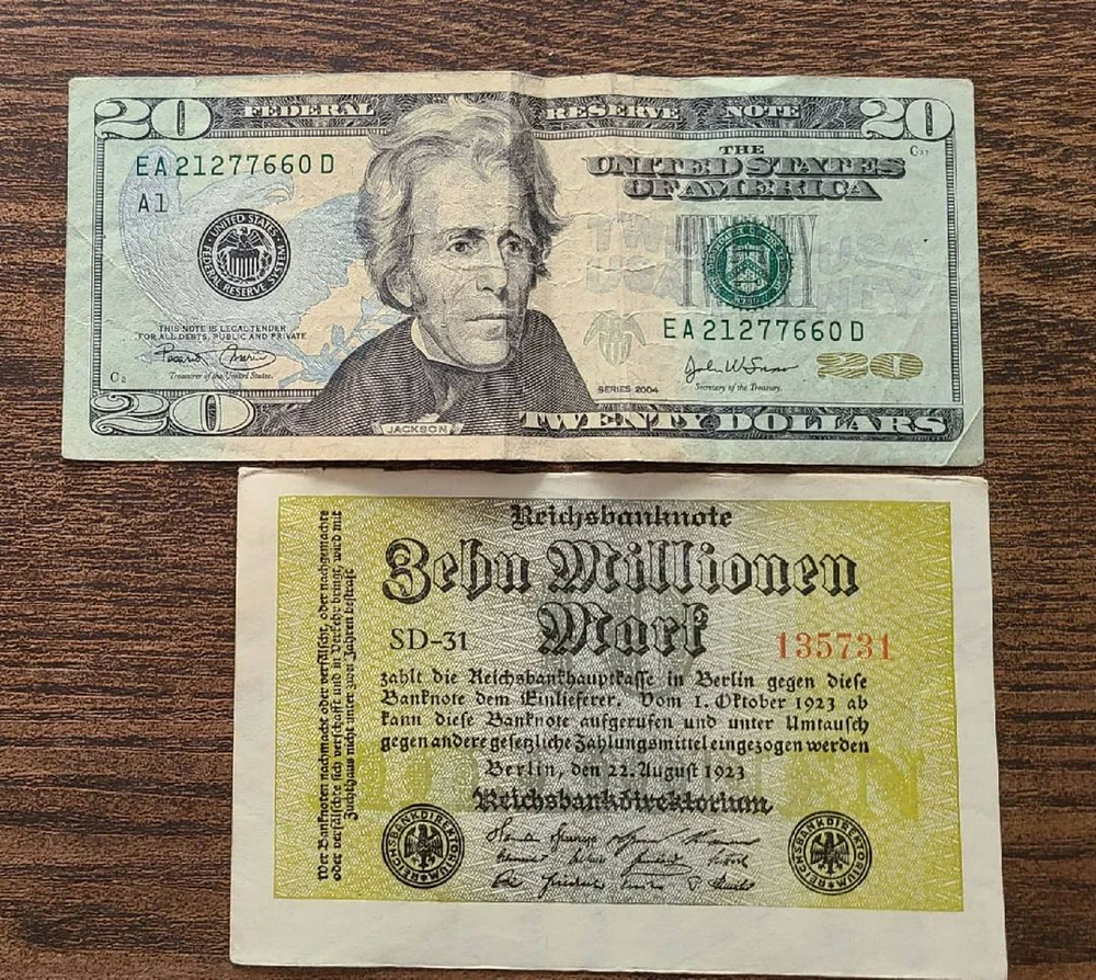 The hyperinflation crisis of the Weimar Republic (Germany).
A loaf of bread that cost 160 Marks in 1922 cost 200 billion Marks in 1923.
Here you see an example of a 10 million Mark note printed in August, 1923.
By November one US dollar was worth 4,210,500,000,000 Marks. 