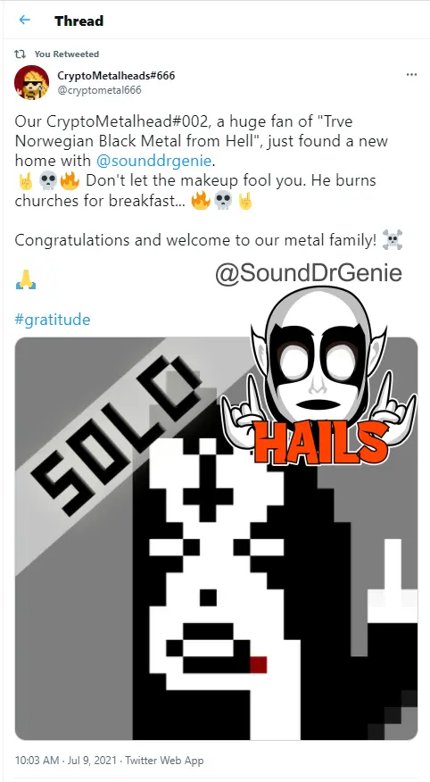 Thank you @cryptometal666. This NFTs are amazing! THE METAL FAMILY IS GROWING