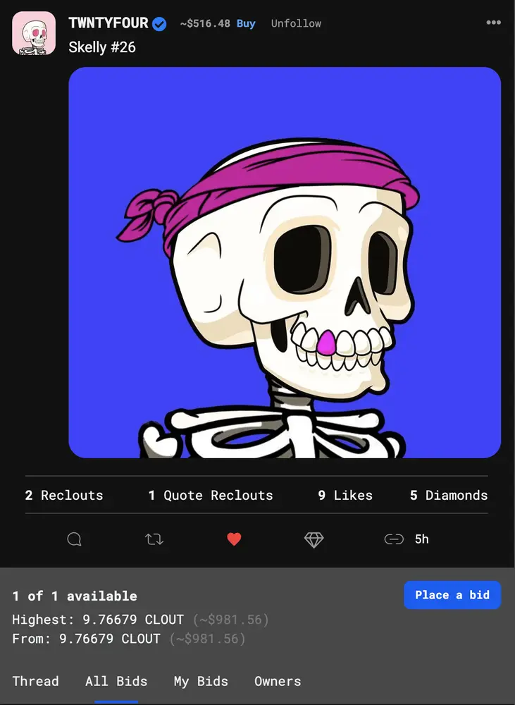 Just bid $1,000 for this @twntyfour.

This morning I bought them for 1-2 bitclout.

This is my favorite NFT. What's the best NFT on bitclout today?