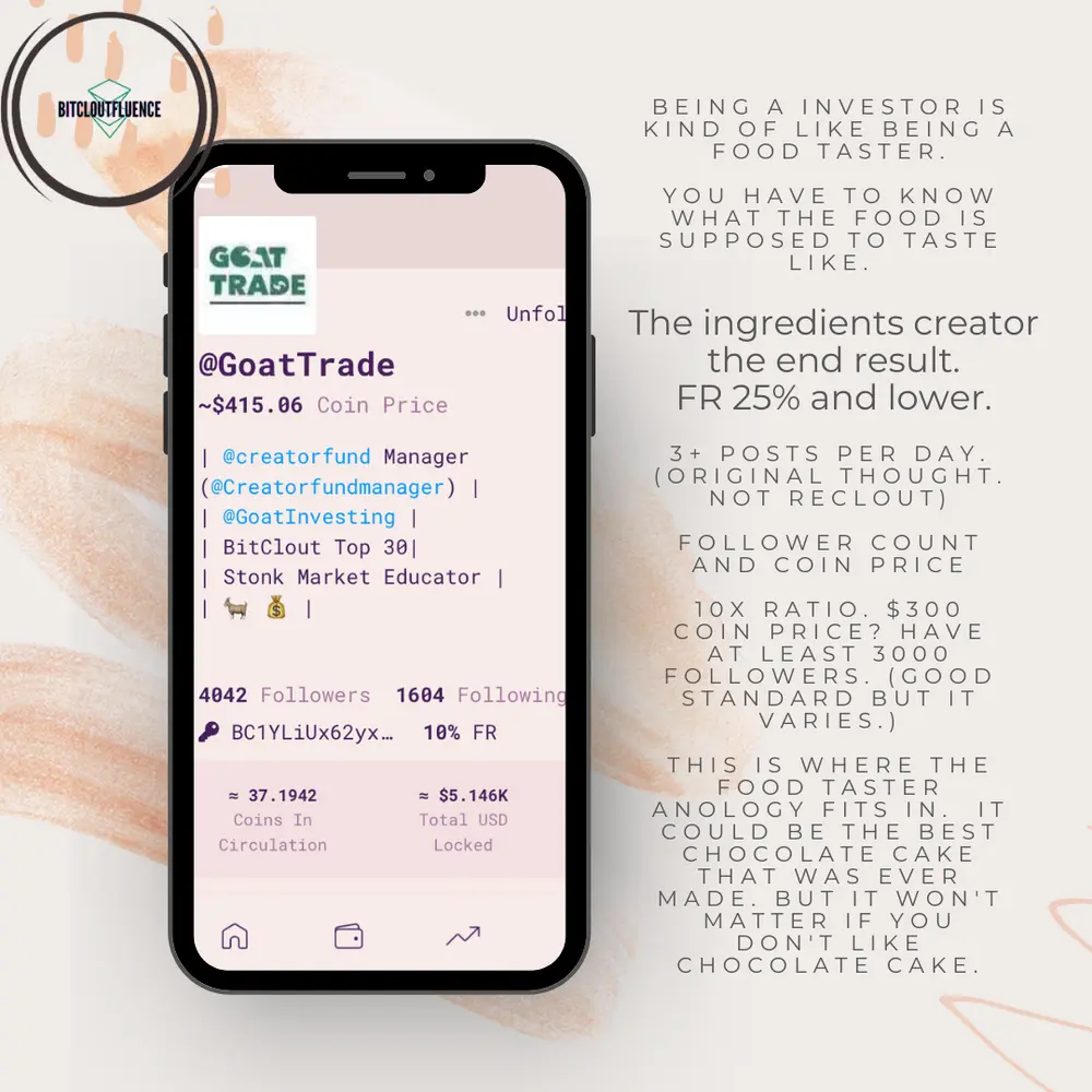 Some great things to consider when in investing in creators! Taken from the interview with @GoatTrade last night!

To check out the whole interview go to bitcloutfluence.com/bitcloutfluence-goattrade-part-one/