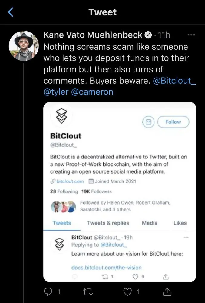 The core Bitclout team needs to establish an official Twitter presence, to answer questions, promote the platform, and onboard users.

There is a prominent unofficial Bitclout account and people think it’s the real one. Not very helpful for Bitclout awareness or image
