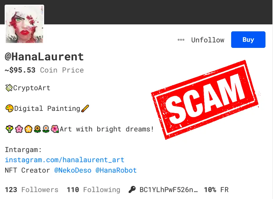 SCAM Alert: HanaLaurent

Fake Artist -- linking to HanaRobot that is NFT Fake

DO NOT BUY

Sell alert: $MasoV $AnnaMedoly