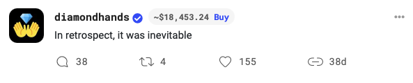 #1💎 @diamondhands
First post recorded on BitClout (No surprise here)
Blockchain info:
- Block: 6044
- Date & Time: Friday March 12, 2021 10:56:18AM PST
- Index in block: 2