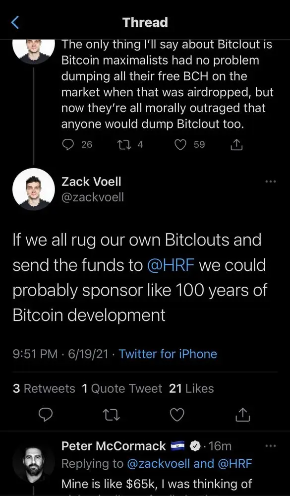 BTC maxis are discussing claiming their reserved coins & rug it for the seeded funds. Most criticisms are from prestwichs outdated & misinformed tweet. Bitclout team needs to officially clear up FUD on Twitter, or have your influential investors do so. @sjg @maebeam kinda urgent 