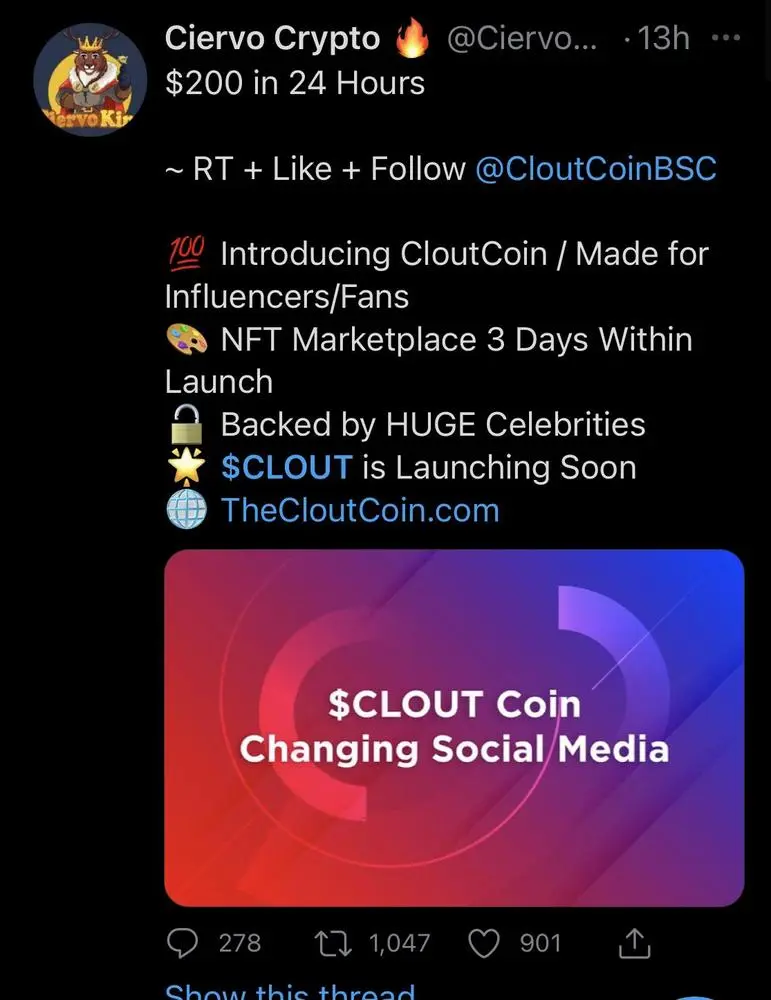 There’s a scam on BSC called Cloutcoin with the same $Clout ticker, popped out of nowhere, prob trying to ride the Bitclout launch momentum or confuse buyers https://twitter.com/ciervoking/status/1404298000931987458?s=21

If you’re on Twitter pls help report their main acc

