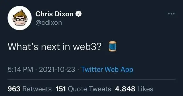 What a great time to be a buidler 
See thread on Twitter here
👇
https://twitter.com/cdixon/status/1452020524398174210?s=21
