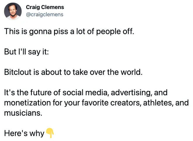 In honor of exchange listing day, I dropped a thread on twitter about bitclout.

Give it a read and RT here and on twitter if you are feeling it 💎🙏   

https://twitter.com/craigclemens/status/1405322488301592576?s=20