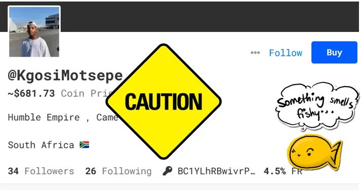 Caution / Warning: KgosiMotsepe

On clout 1 day, top coin holder invested 2.5K+ also on the platform 1 day

@verifiedprofile can you look into this

I would NOT invested until this profile is unofficially verified