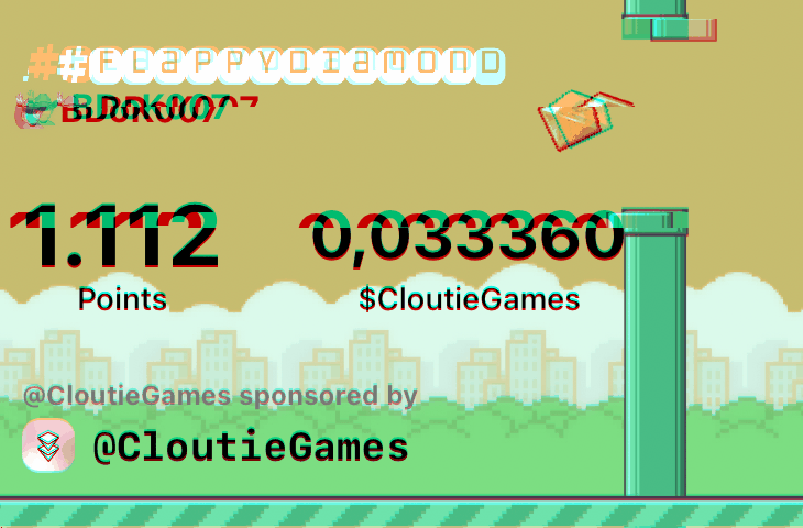 @CloutieGames As promised 1112 is here. Until it is broken here is the new record. :)

I just won 0.03336 $CloutieGames playing #FlappyDiamond in @CloutieApp